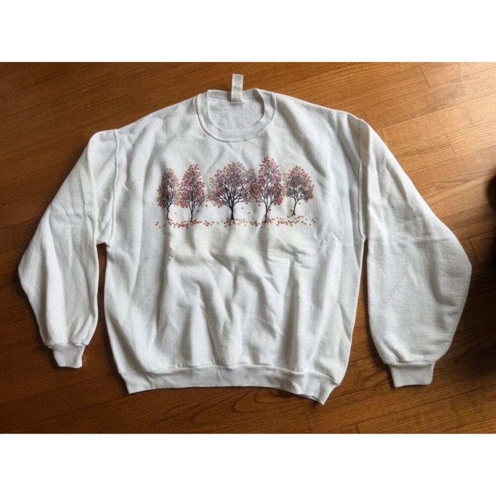 Vintage 90s Morning Sun Fall Trees Sweatshirt Womens Large White Autumn Glitter